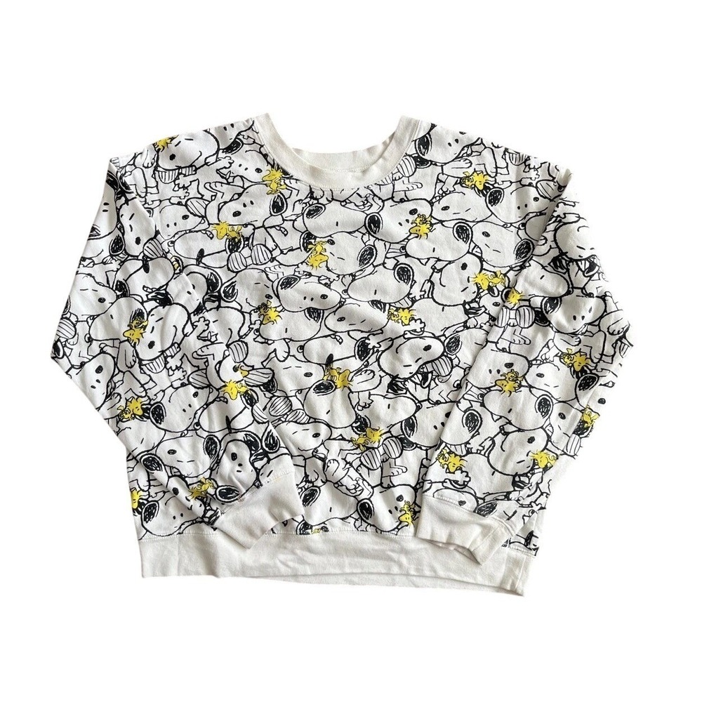 Peanuts Sweatshirt XL White Snoopy Woodstock Fleece Pullover Allover Print